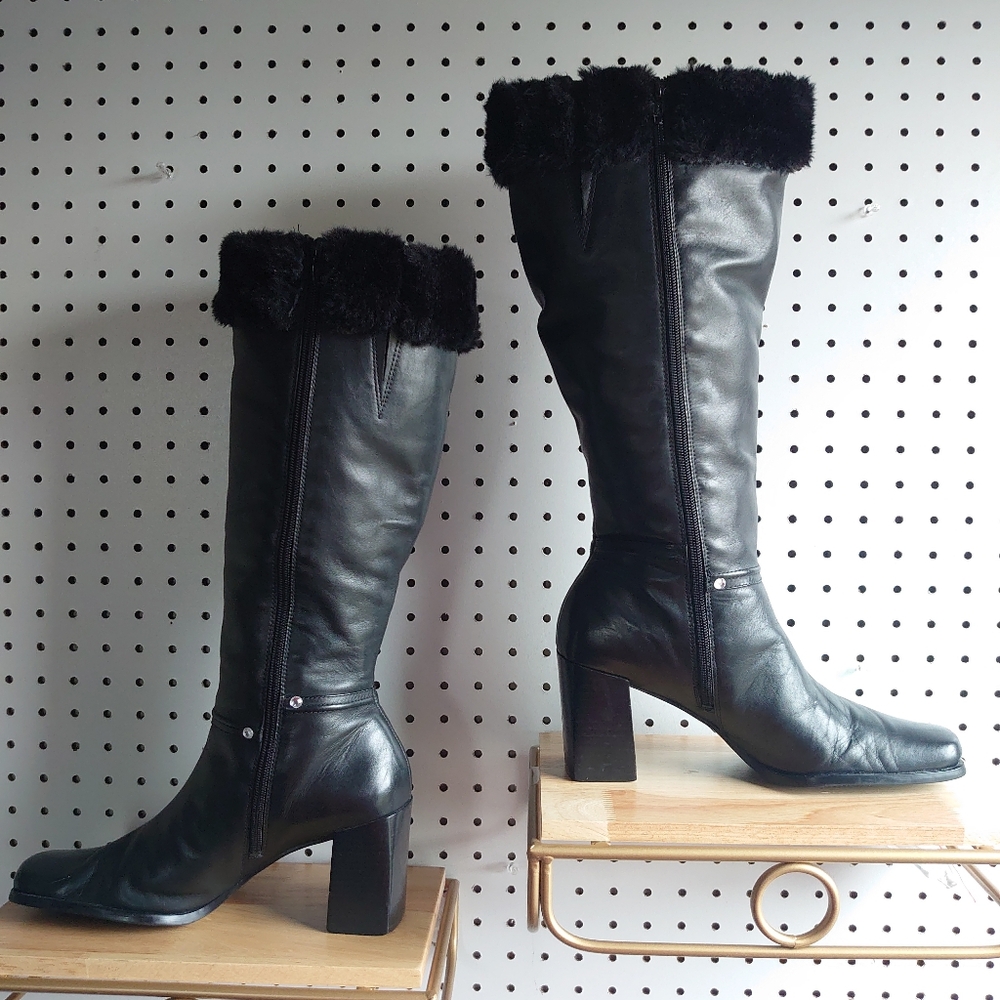 Westies Chunky Heel Block Leather, Fur And Rivet Rhinestone Winter Boots Black - Picture 4 of 14
